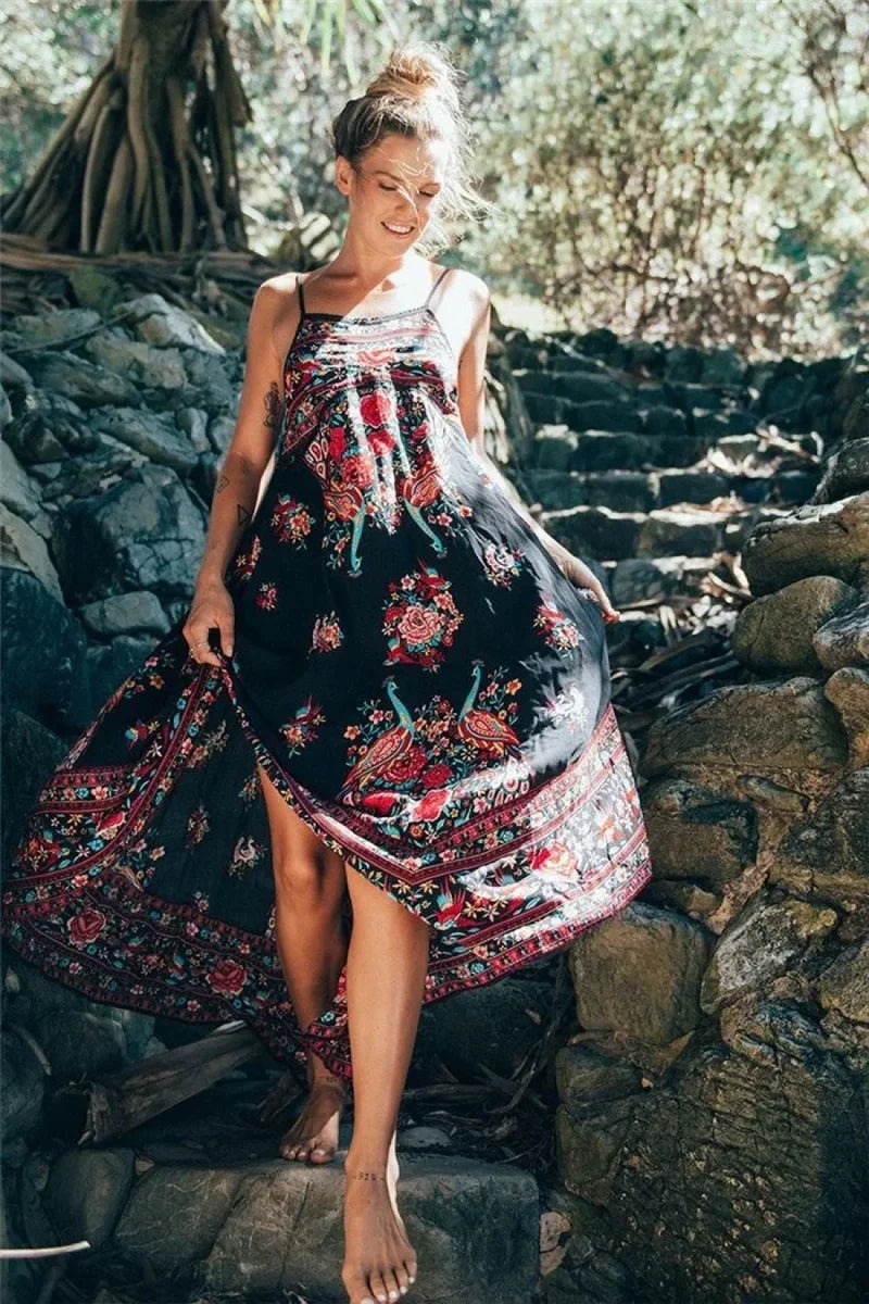 Peacock Floral Print Sleeveless Beach Bohemian Maxi Boho Dress Black / S bohodress-250126