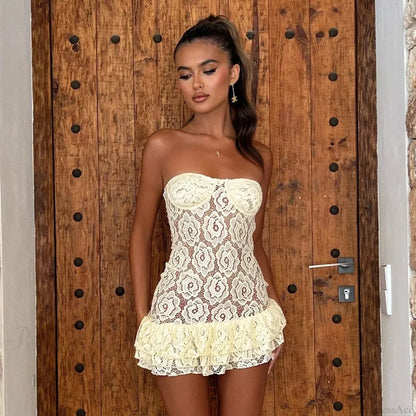 Perspective Lace Waist Wrap Vacation Dress Yellow / S vacationdress-250223