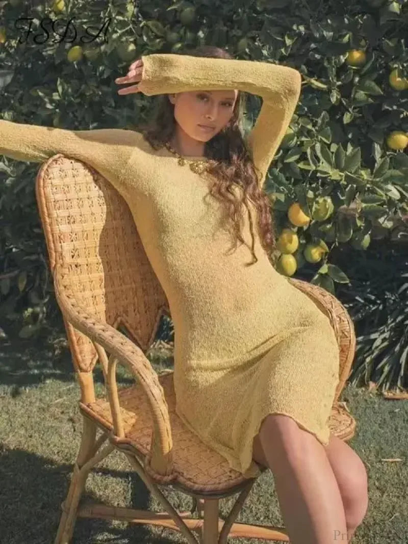 Perspective Long Sleeve Mini Dress Yellow / S minidress-250223