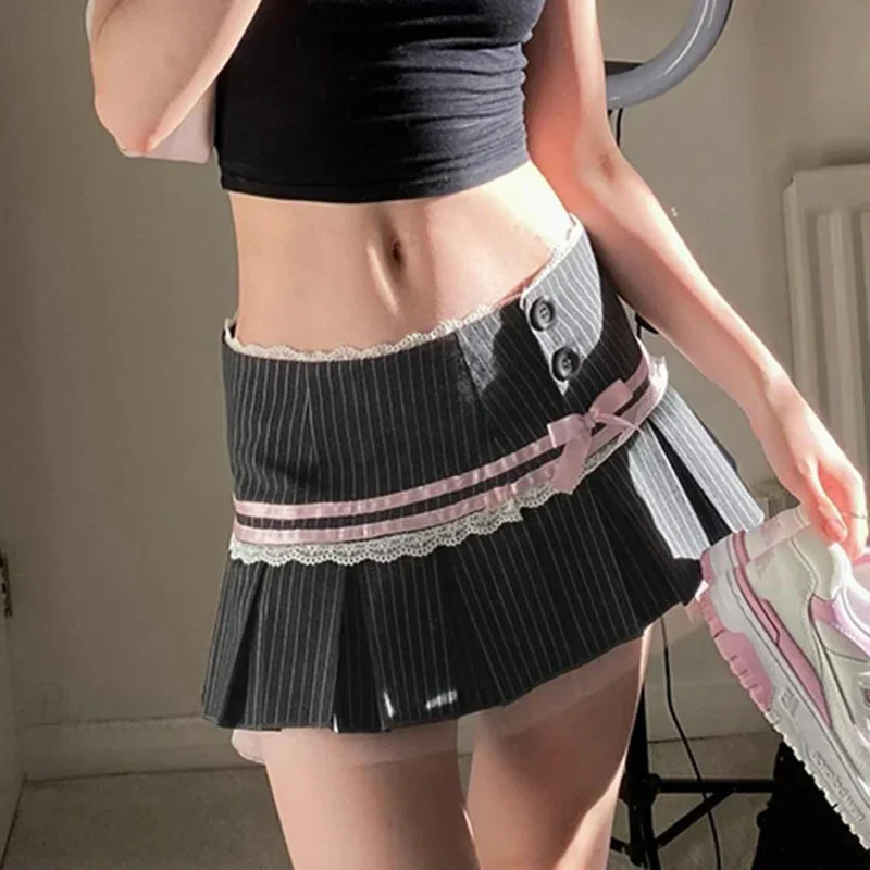 Pink Bow Stitched Pleated Skirt Black / S skirts-250223