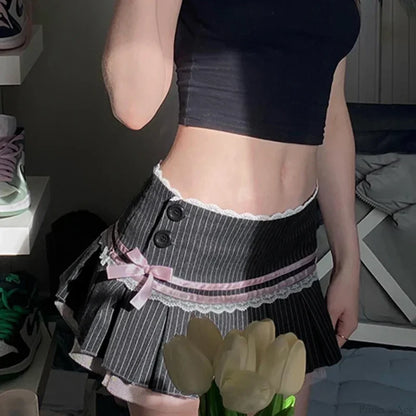 Pink Bow Stitched Pleated Skirt skirts-250223