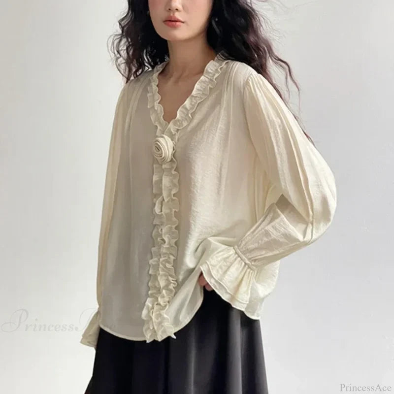 Pink Cotton Rayon Casual Long Sleeve V-Neck Boho Blouse Beige / One Size bohoblouse-250126