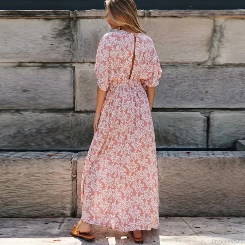 Pink Floral Maxi Dress Sexy Deep V-neck Side Split Boho Dress bohodress-250126