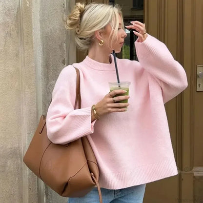 Pink O-neck Loose Casual Pullover Sweater Pink / S