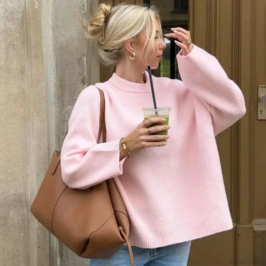 Pink O-neck Loose Casual Pullover Sweater Pink / S