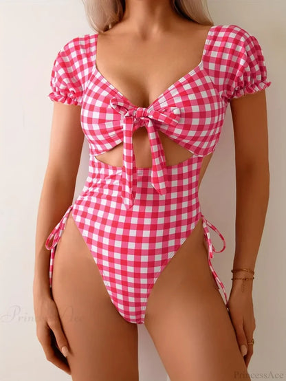 Pink Plaid Tie Front One Piece Swimsuit Pink / S onepiece-250223