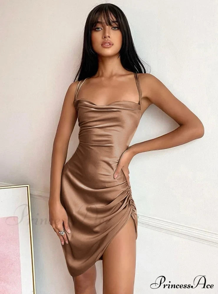 Pink Satin Bodycon Sling Slit Dress For Women S / Sky Blue Dresses