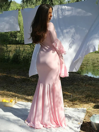 Pink Square Collar Maxi Vacation Dress vacationdress-250223