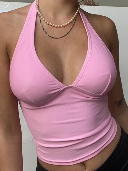 Pink V-Neck Halter Backless Skinny Corset Camisole Tank Top croptop-250126