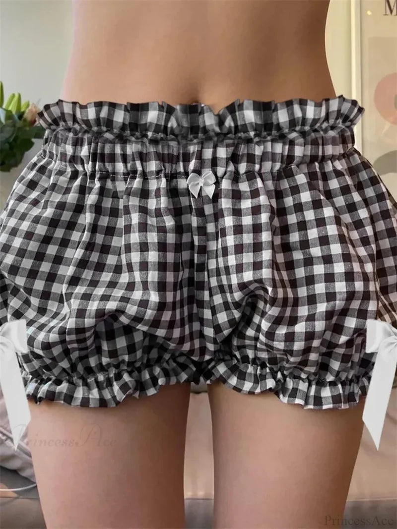 Plaid Bowknot Loose Bloomer Short black / S short-250223