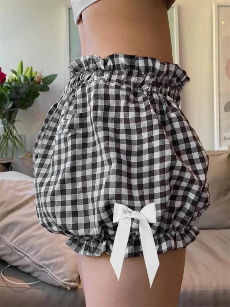 Plaid Bowknot Loose Bloomer Short short-250223