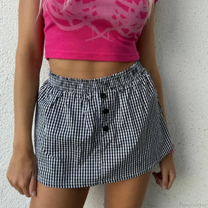 Plaid Button Decro A-Line Skirt Black / S skirts-250223