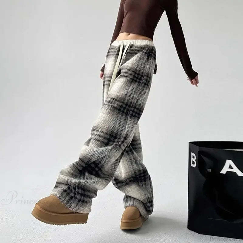 Plaid Fleece High Waist Casual Pants