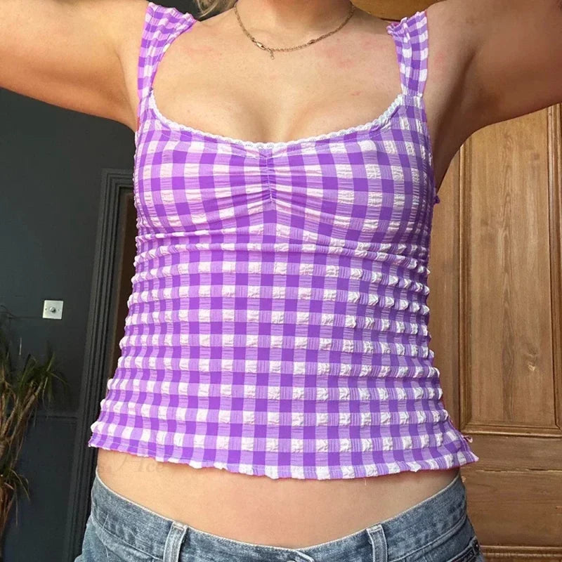 Plaid Gingham Lace Trim Square Collar Slim Fit Y2K Vintage Backless Crop Top croptop-250126