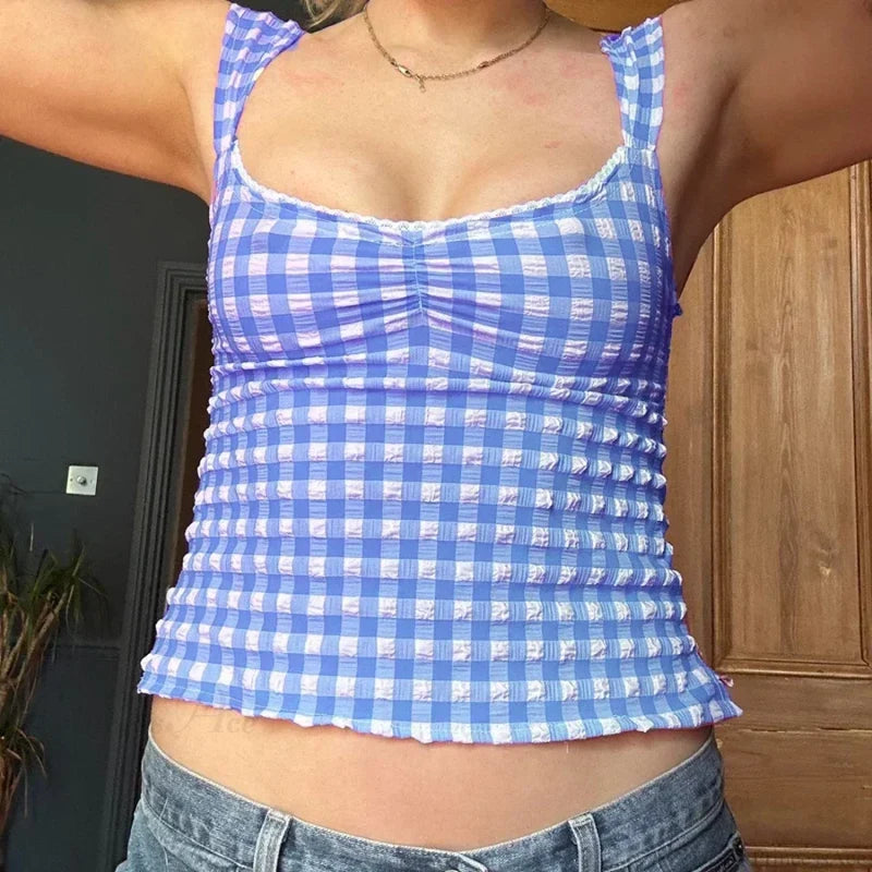 Plaid Gingham Lace Trim Square Collar Slim Fit Y2K Vintage Backless Crop Top Blue / S croptop-250126