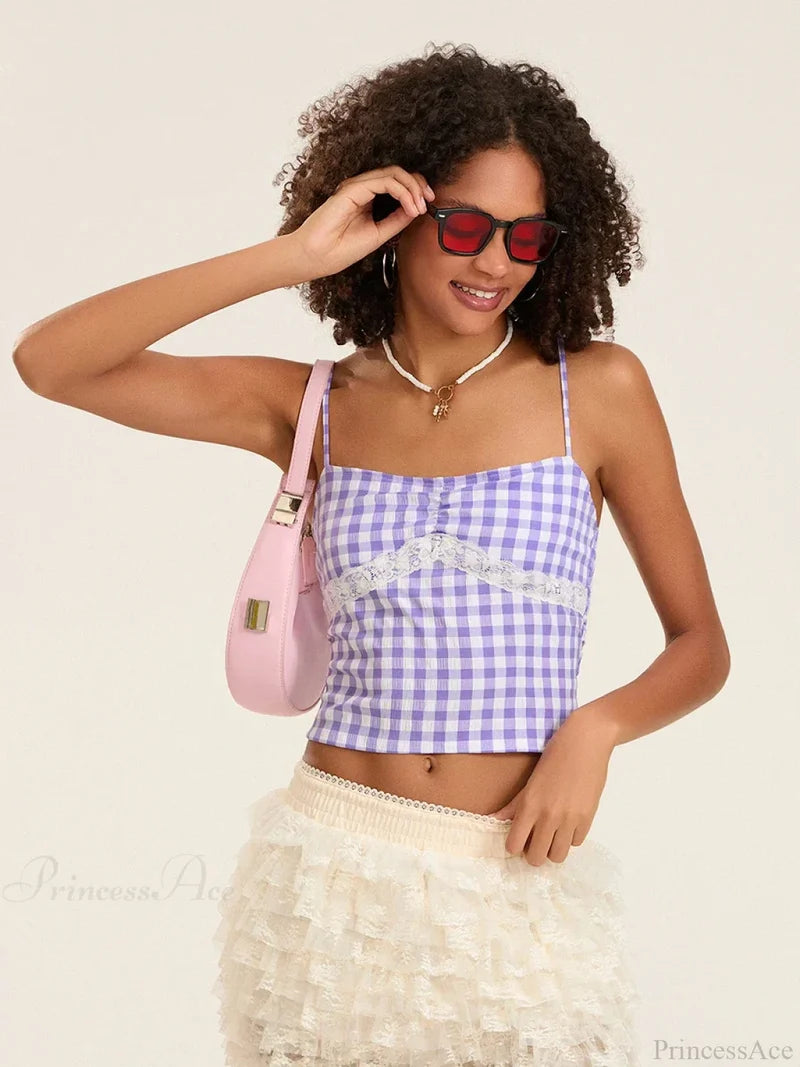 Plaid Lace Patchwork Spaghetti Strap Low-cut Crop Top PURPLE / S croptop-250126