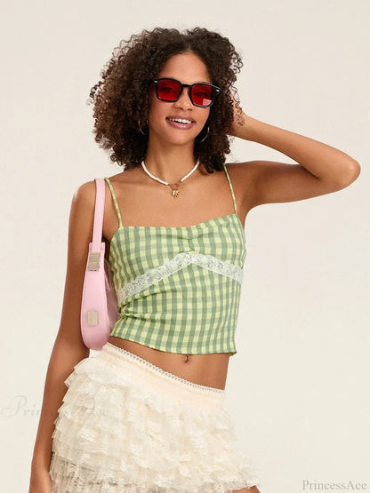 Plaid Lace Patchwork Spaghetti Strap Low-cut Crop Top croptop-250126