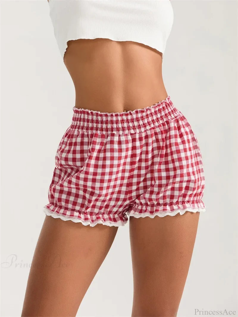 Plaid Lace Ruffle Bloomer Short red / S short-250223
