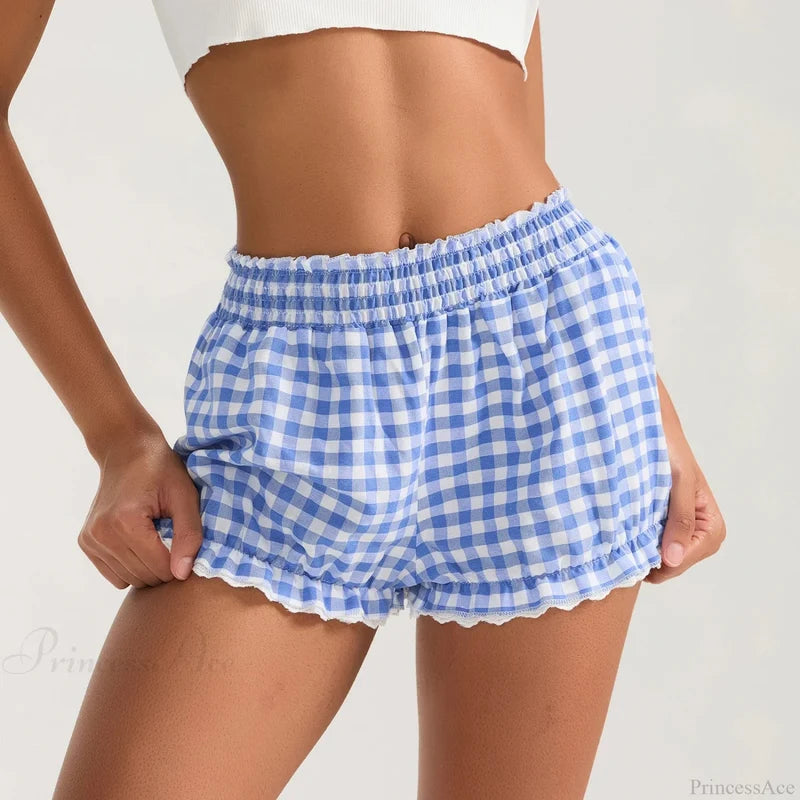 Plaid Lace Trim Elastic Waist Short blue / S short-250223