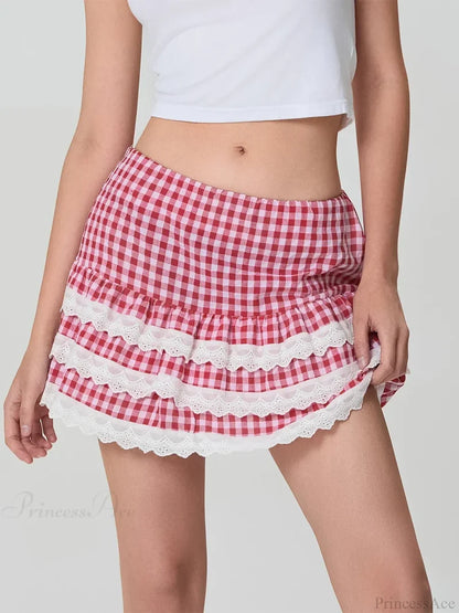 Plaid Layered Lace Zip Skirt skirts-250223