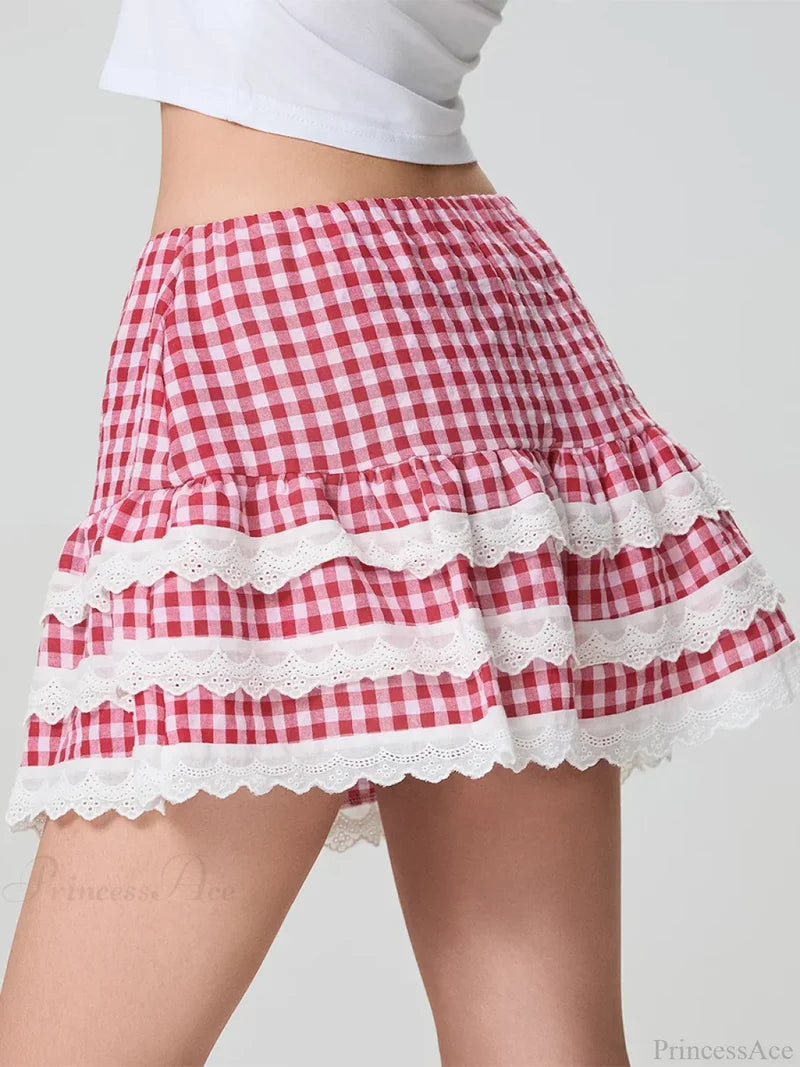 Plaid Layered Lace Zip Skirt skirts-250223