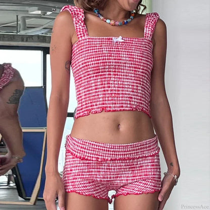 Plaid Matching Cropped Tank High Waist Shorts Two Pieces Set twopiecesset-250126