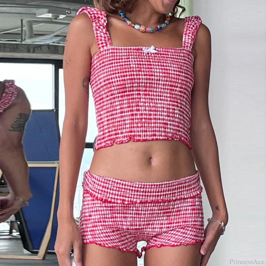Plaid Matching Cropped Tank High Waist Shorts Two Pieces Set twopiecesset-250126