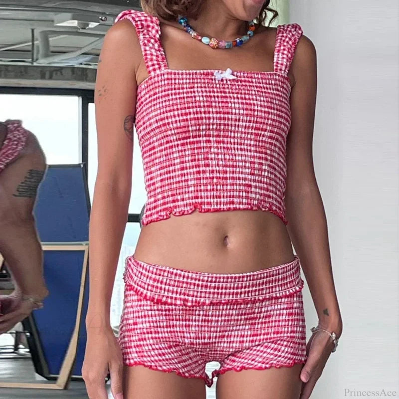 Plaid Matching Cropped Tank High Waist Shorts Two Pieces Set RED / S twopiecesset-250126