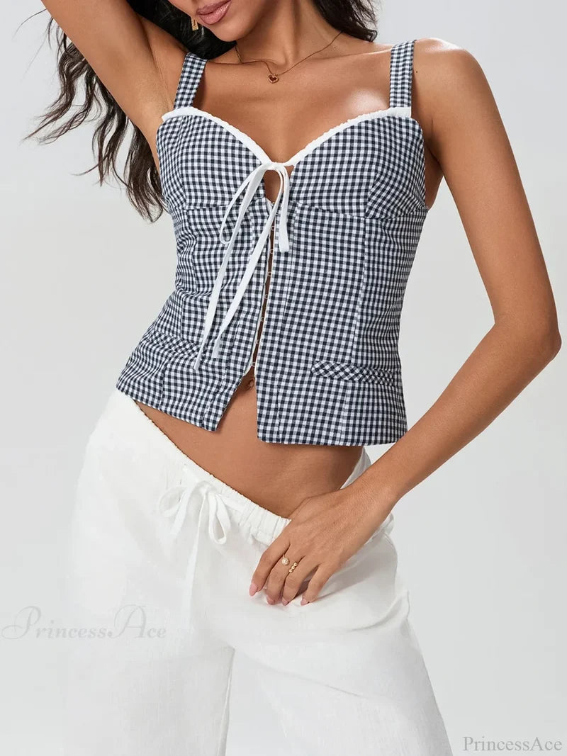 Plaid Print Backless Sleeveless Low Cut Tied Crop Vest croptop-250126