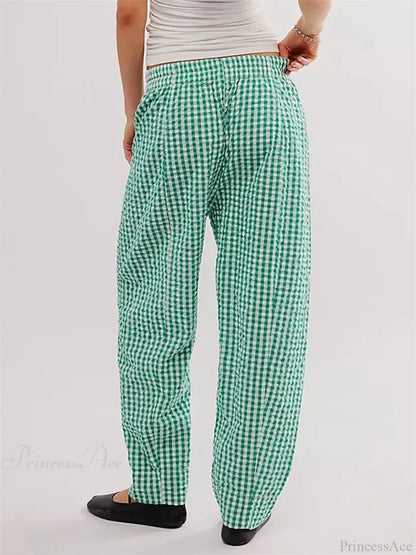 Plaid Print Elastic Waist Loose Wide Leg Pant pant-250223