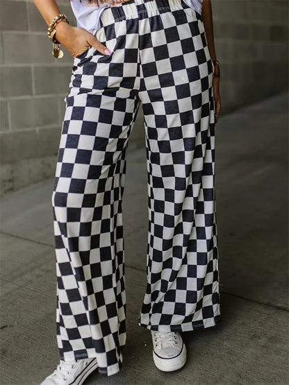 Plaid Print Wide Leg Elastic Waist Casual Pant BLACK / S pant-250223