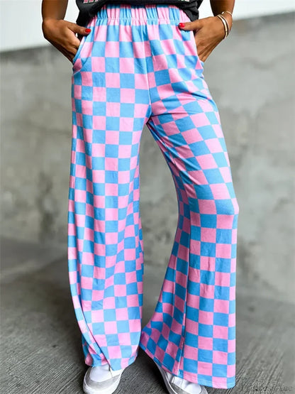 Plaid Print Wide Leg Elastic Waist Casual Pant PRUPLE / S pant-250223