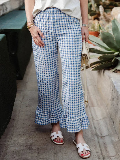 Plaid Ruffled Hem Elastic Waist Loose Pajama Pant Blue / S pant-250223