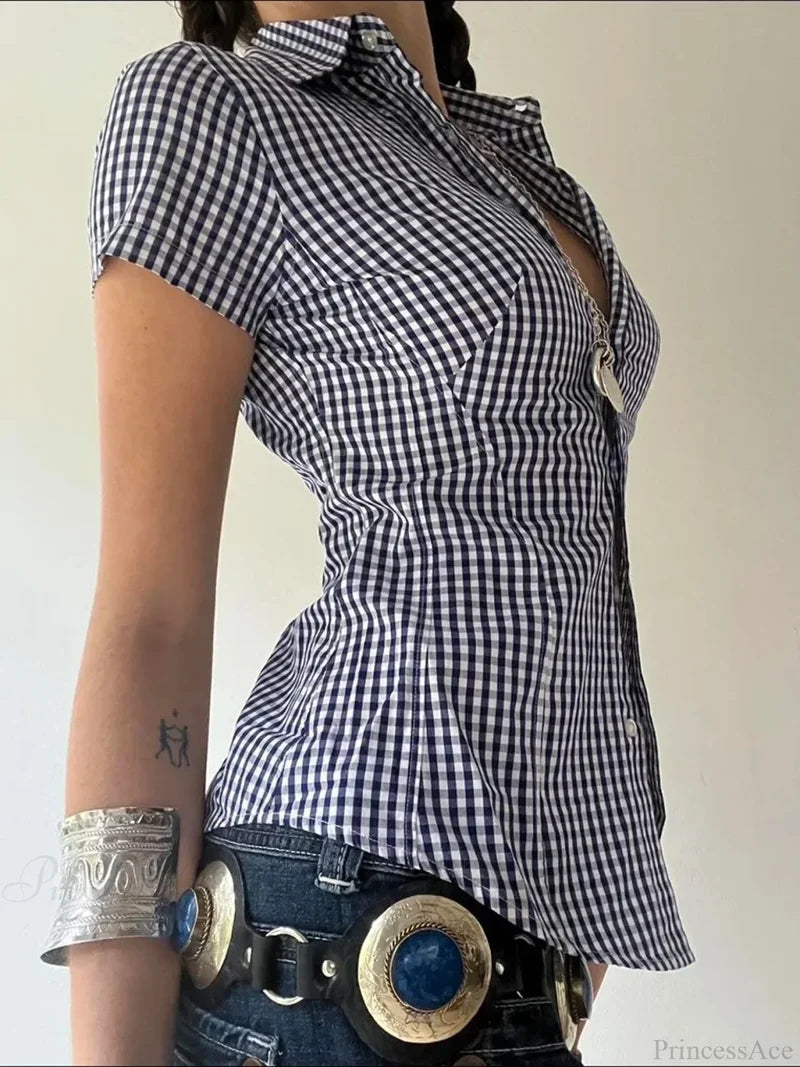 Plaid Slim Buttoned Up Blouse Blue / S blouse-250223