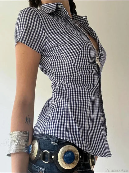Plaid Slim Buttoned Up Blouse Blue / S blouse-250223