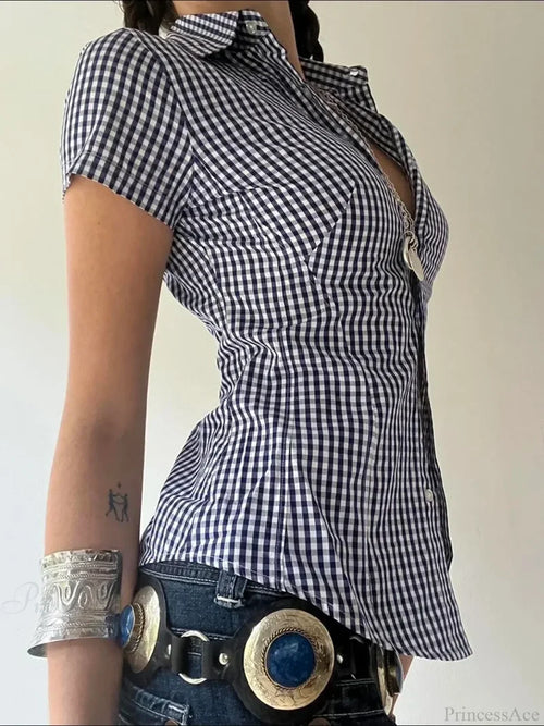 Plaid Slim Buttoned Up Blouse Blue / S blouse-250223