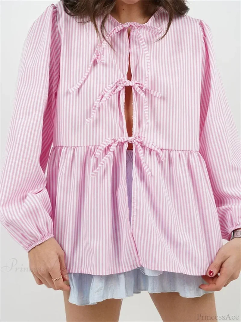 Plaid Stripe Front Tie-up Long Sleeve Blouse Lotus root color / S blouse-250126