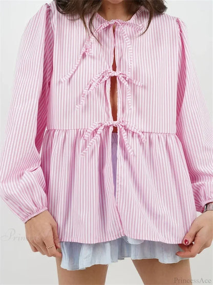 Plaid Stripe Front Tie-up Long Sleeve Blouse Lotus root color / S blouse-250126