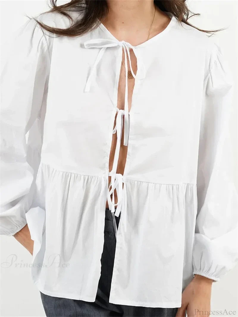 Plaid Stripe Front Tie-up Long Sleeve Blouse blouse-250126