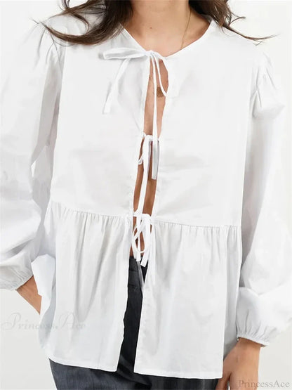 Plaid Stripe Front Tie-up Long Sleeve Blouse blouse-250126