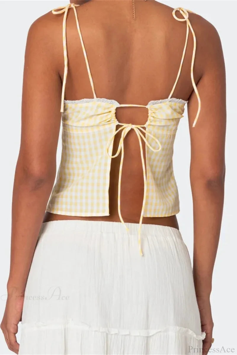 Plaid Tie-up Backless Ruched V-neck Crop Top croptop-250126
