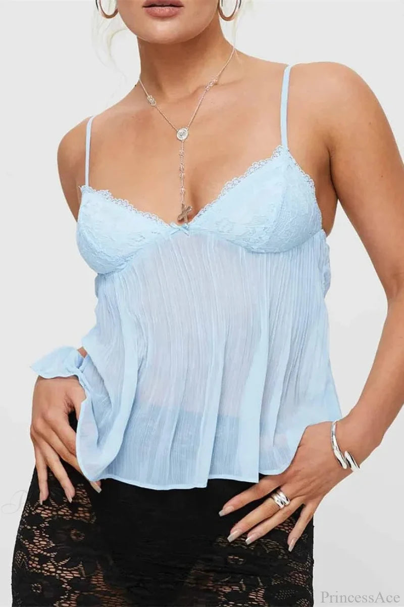 Pleated Bowknot Lace See-through Crop Top BLUE / S croptop-250126