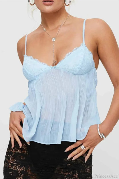 Pleated Bowknot Lace See-through Crop Top BLUE / S croptop-250126