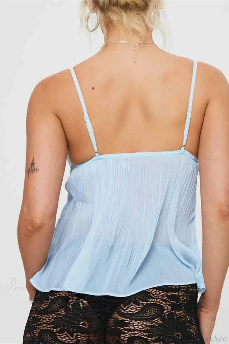 Pleated Bowknot Lace See-through Crop Top croptop-250126