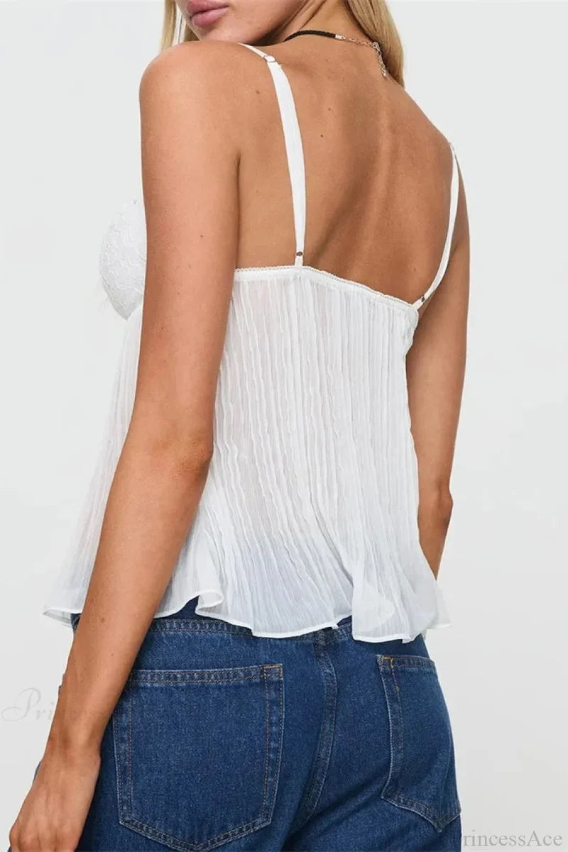 Pleated Bowknot Lace See-through Crop Top croptop-250126