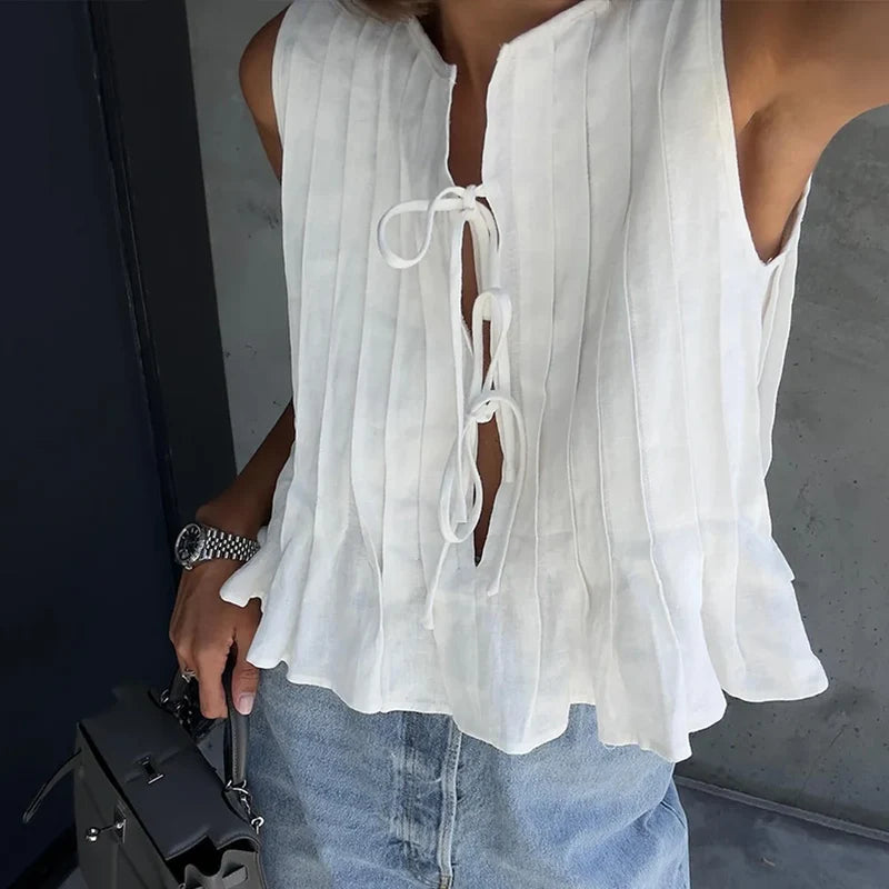 Pleated Cut-Out Ruffle Crop Top