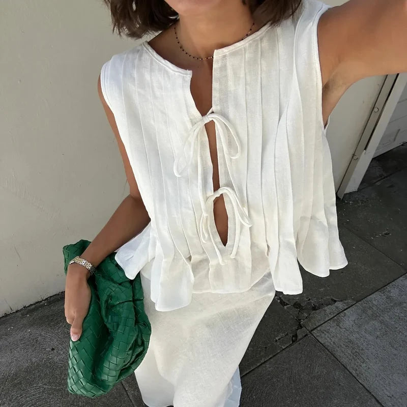 Pleated Cut-Out Ruffle Crop Top