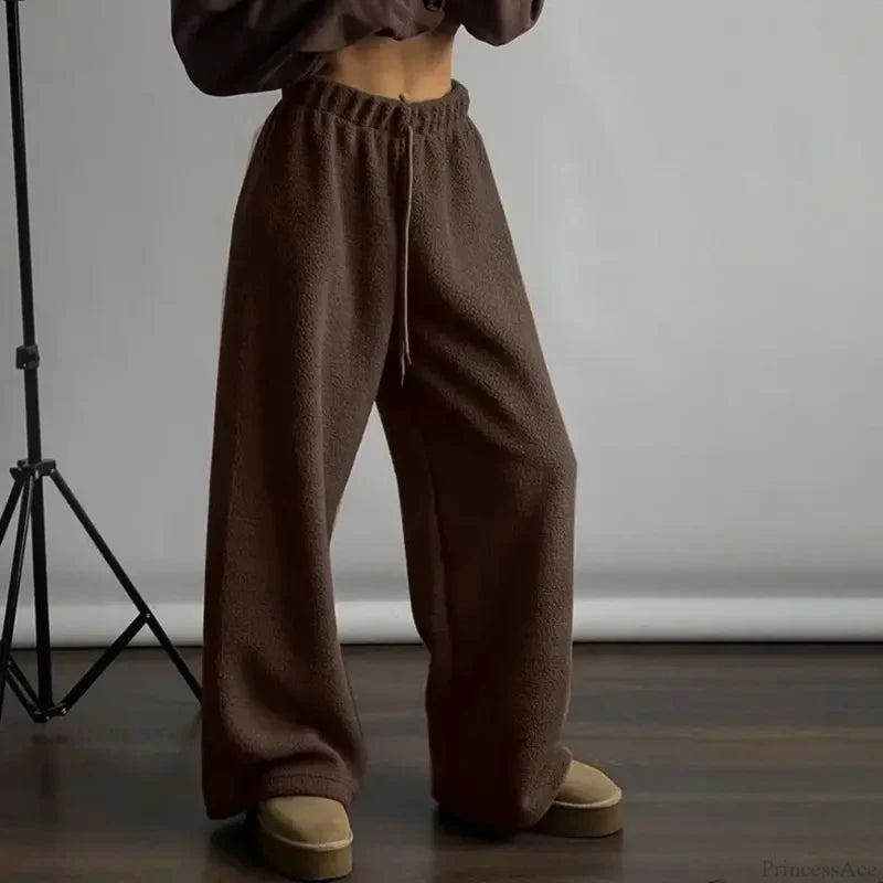 Polar Fleece Basic Vintage Women Pants Brown / S