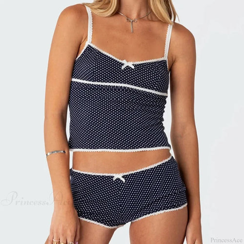 Polka Dot Vintage Crop Tops Micro Shorts Two Pieces Set twopiecesset-250126