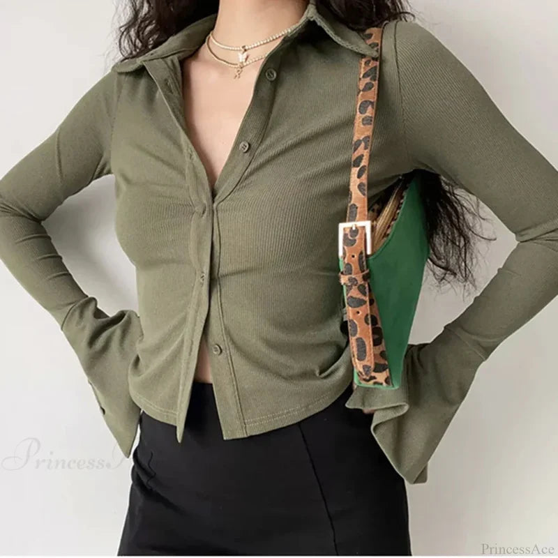 Polo Lapel Flared Sleeve Blouse blouse-250223